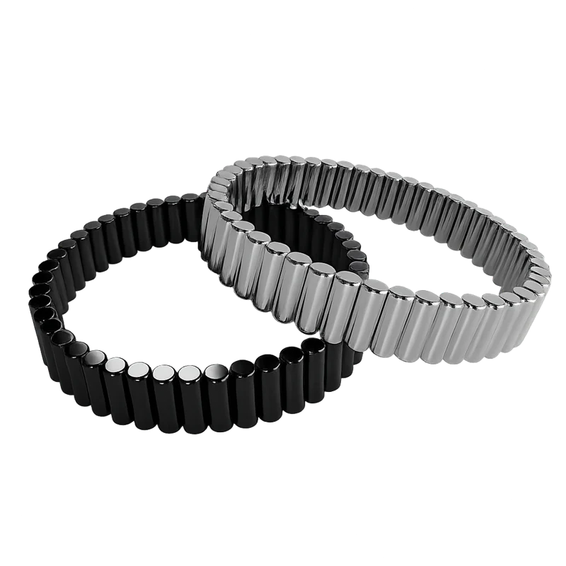 Silver and black bracelets, each made from 60 cylindrical magnets